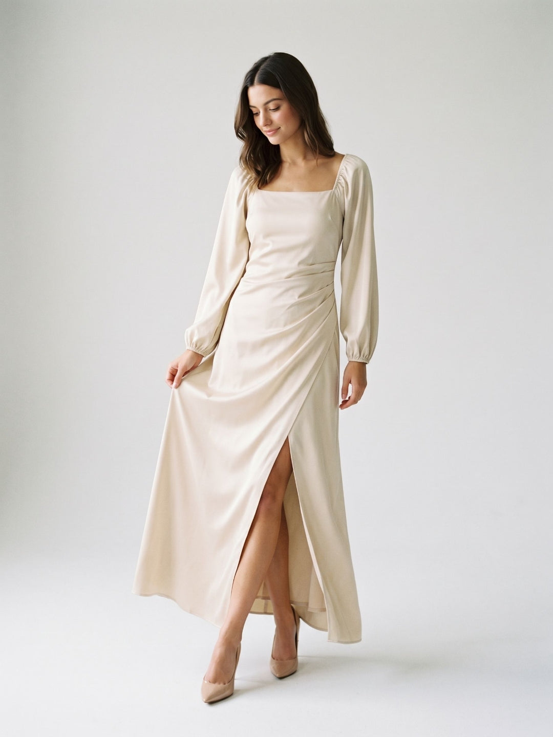 Champagne Matte Satin Sheath Square Neck Back Zip Ankle-Length Formal Dress with Pleating
