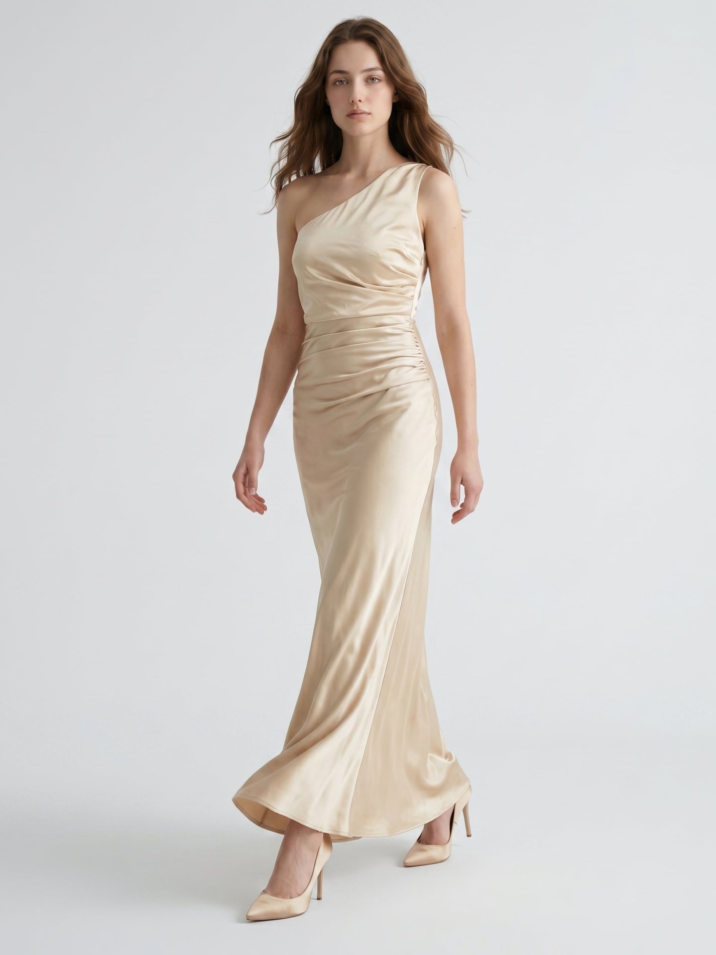 Champagne Satin A-Line One Shoulder Side Zip Ankle-Length Bridesmaid Dress