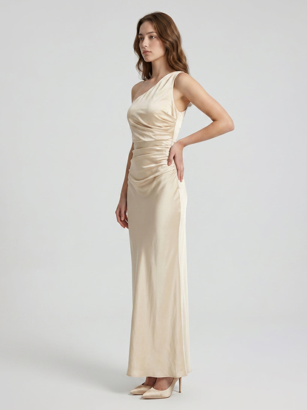 Champagne Satin A-Line One Shoulder Side Zip Ankle-Length Bridesmaid Dress