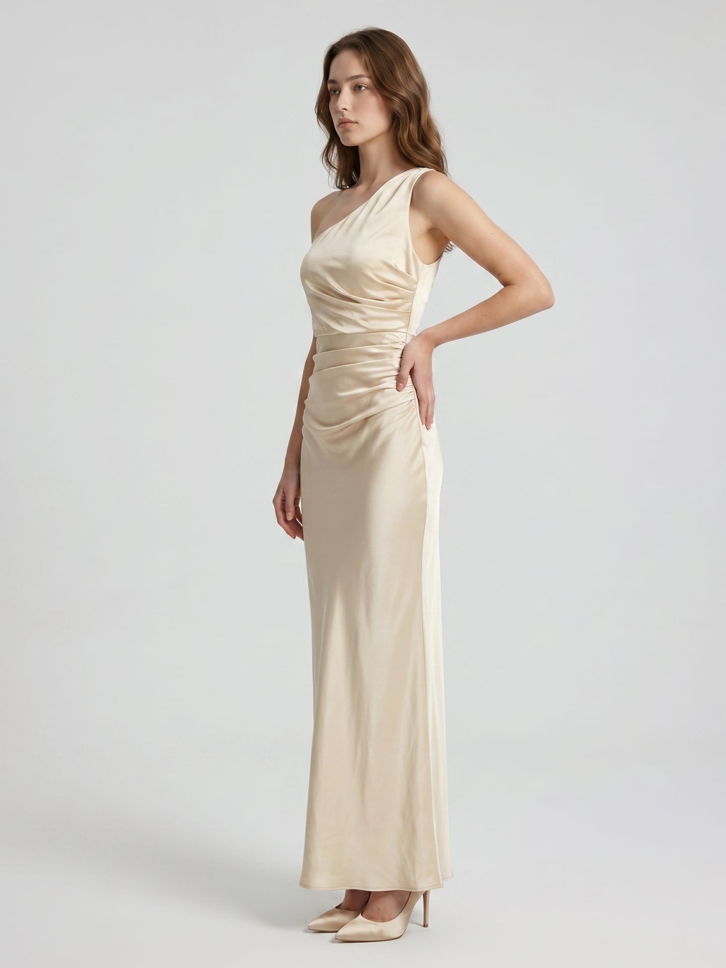 Champagne Satin A-Line One Shoulder Side Zip Ankle-Length Bridesmaid Dress