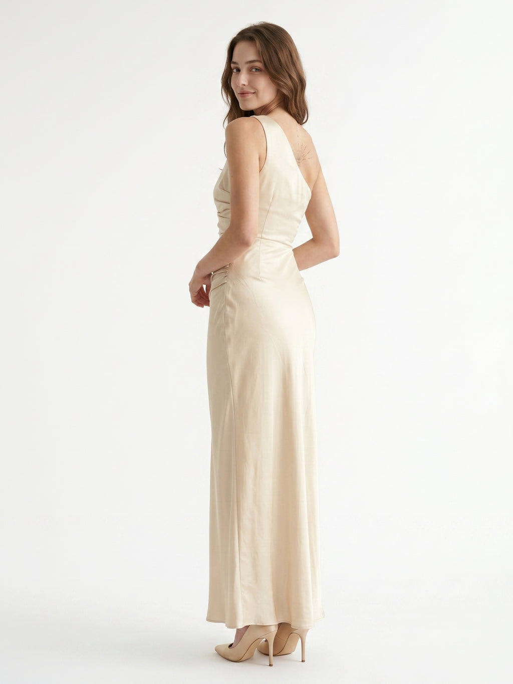 Champagne Satin A-Line One Shoulder Side Zip Ankle-Length Bridesmaid Dress