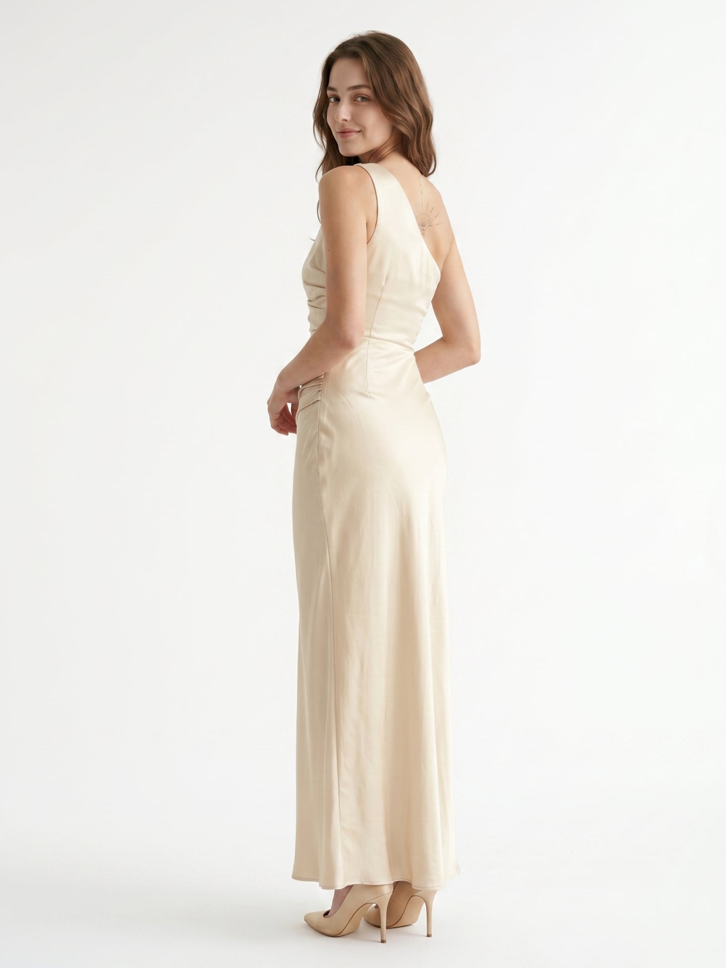 Champagne Satin A-Line One Shoulder Side Zip Ankle-Length Bridesmaid Dress