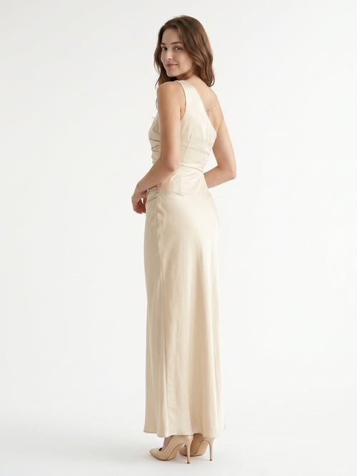 Champagne Satin A-Line One Shoulder Side Zip Ankle-Length Bridesmaid Dress