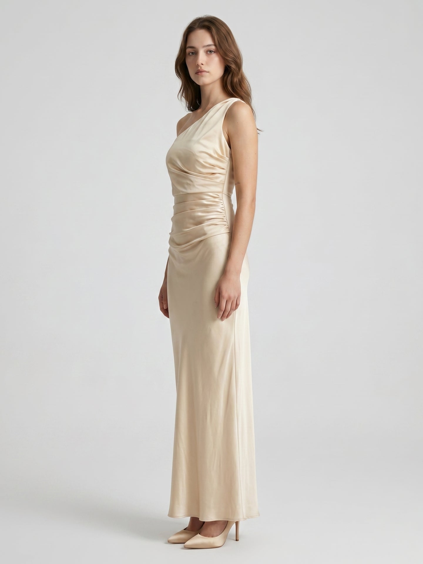 Champagne Satin A-Line One Shoulder Side Zip Ankle-Length Bridesmaid Dress