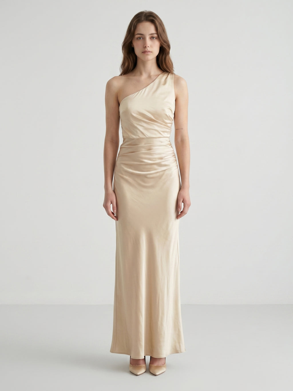 Champagne Satin A-Line One Shoulder Side Zip Ankle-Length Bridesmaid Dress