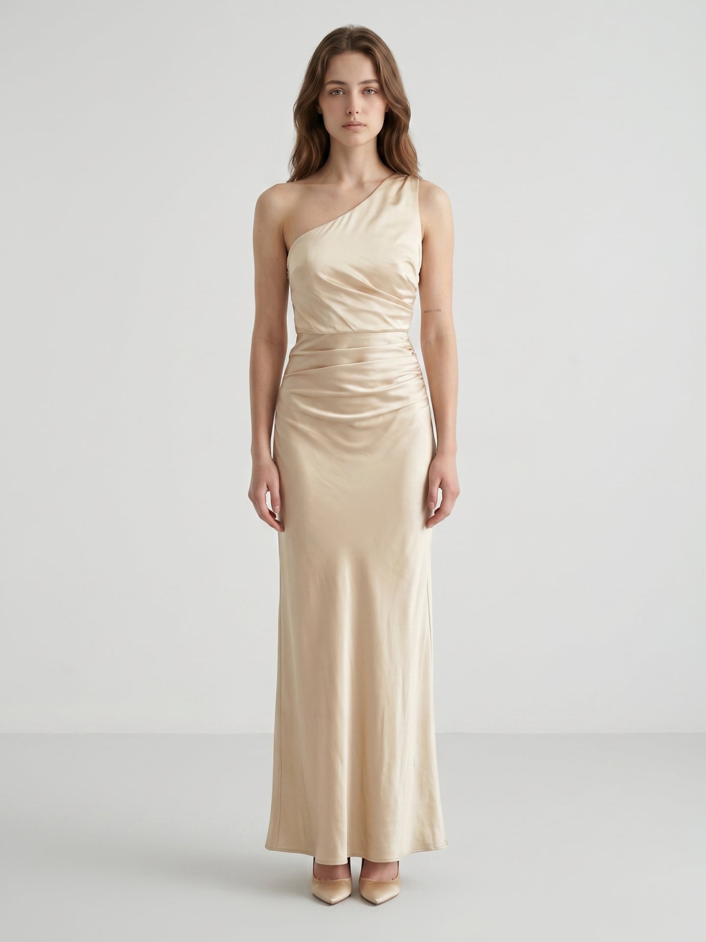 Champagne Satin A-Line One Shoulder Side Zip Ankle-Length Bridesmaid Dress