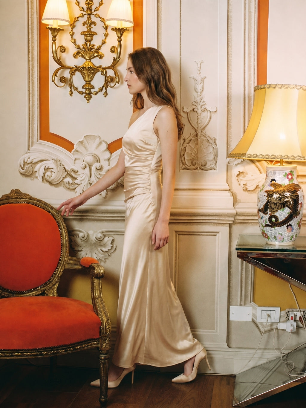 Champagne Satin A-Line One Shoulder Side Zip Ankle-Length Bridesmaid Dress