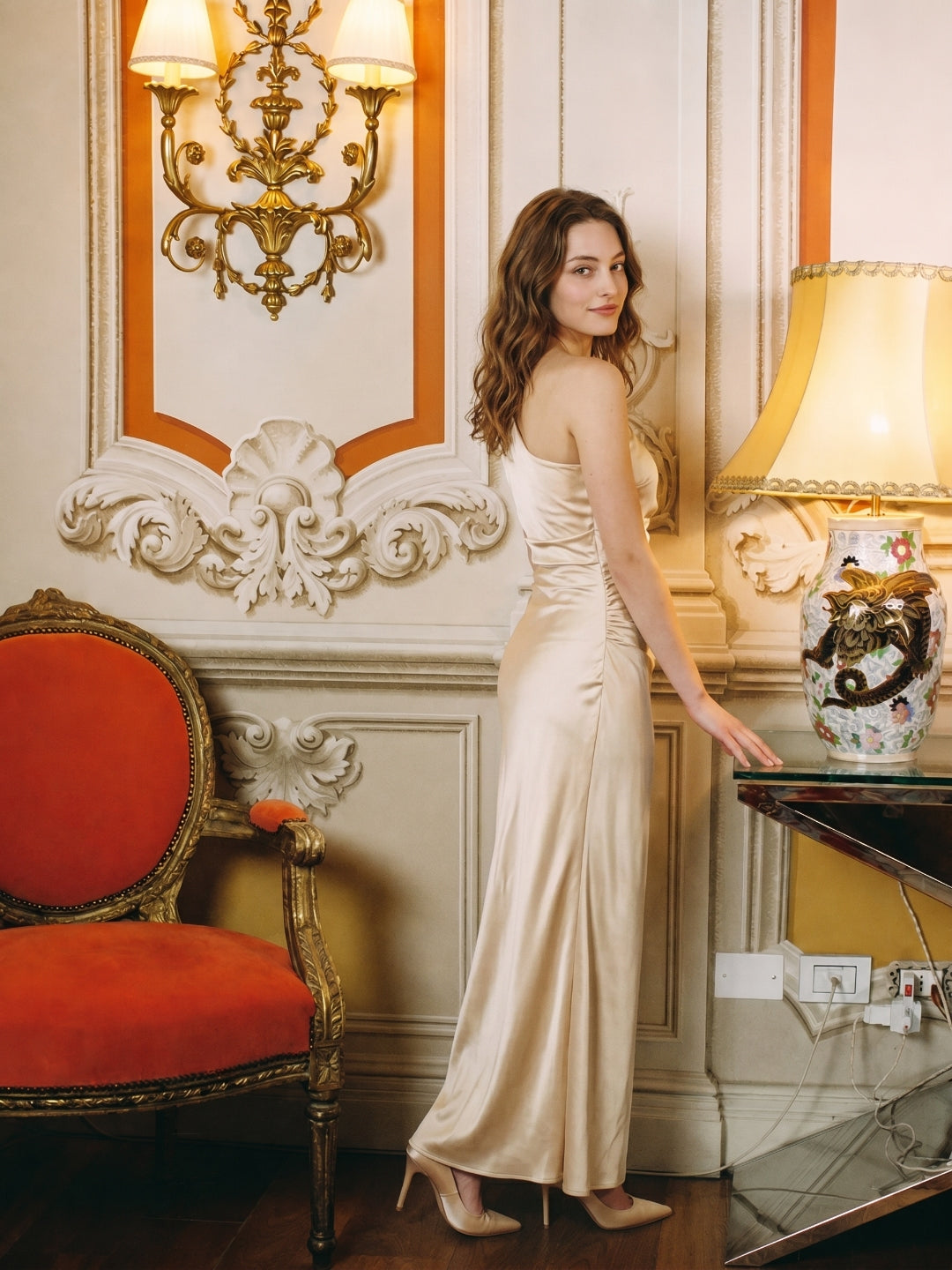 Champagne Satin A-Line One Shoulder Side Zip Ankle-Length Bridesmaid Dress