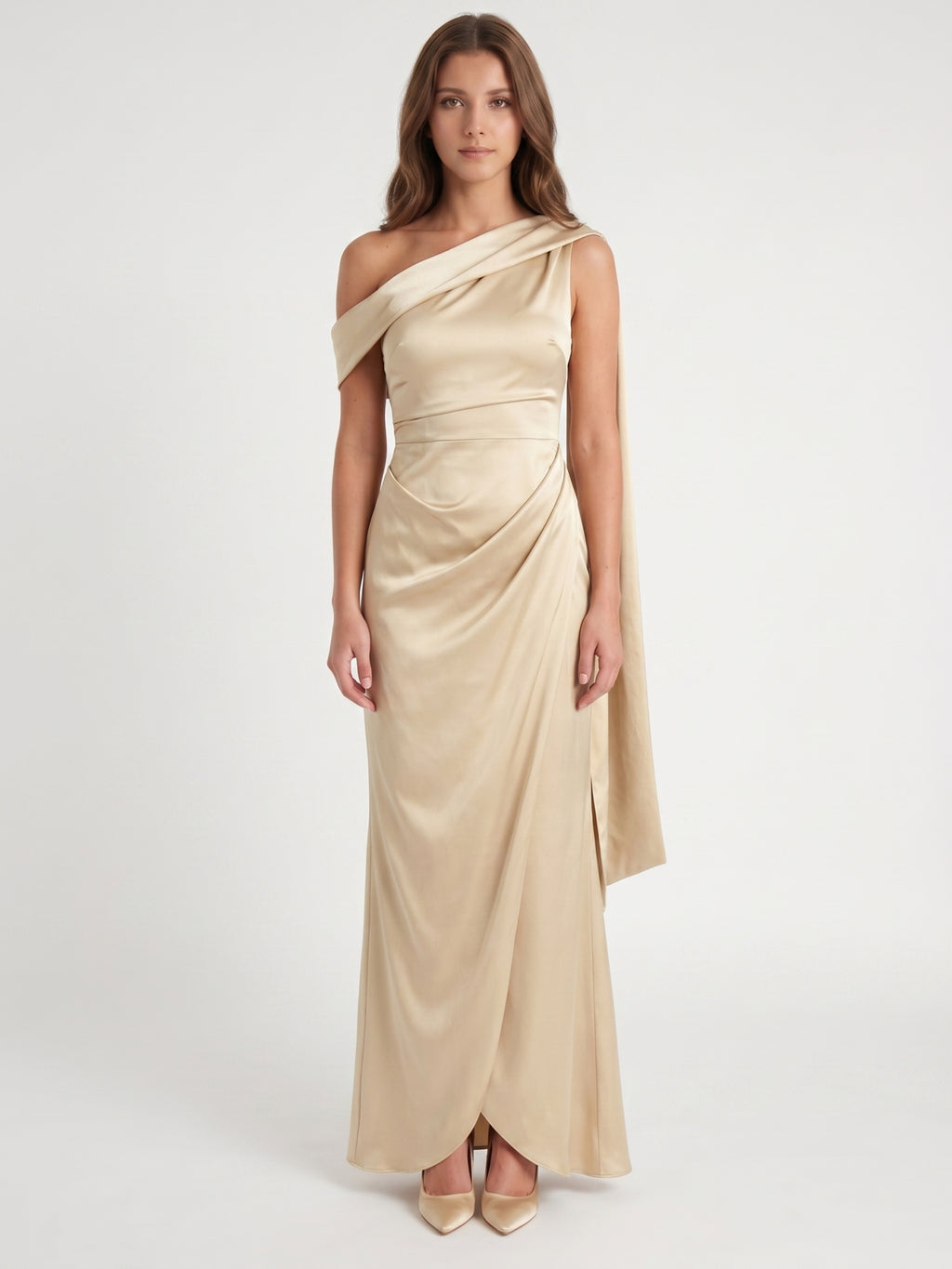 Champagne Satin A-Line One Shoulder Side Zip Floor-Length Bridesmaid Dress