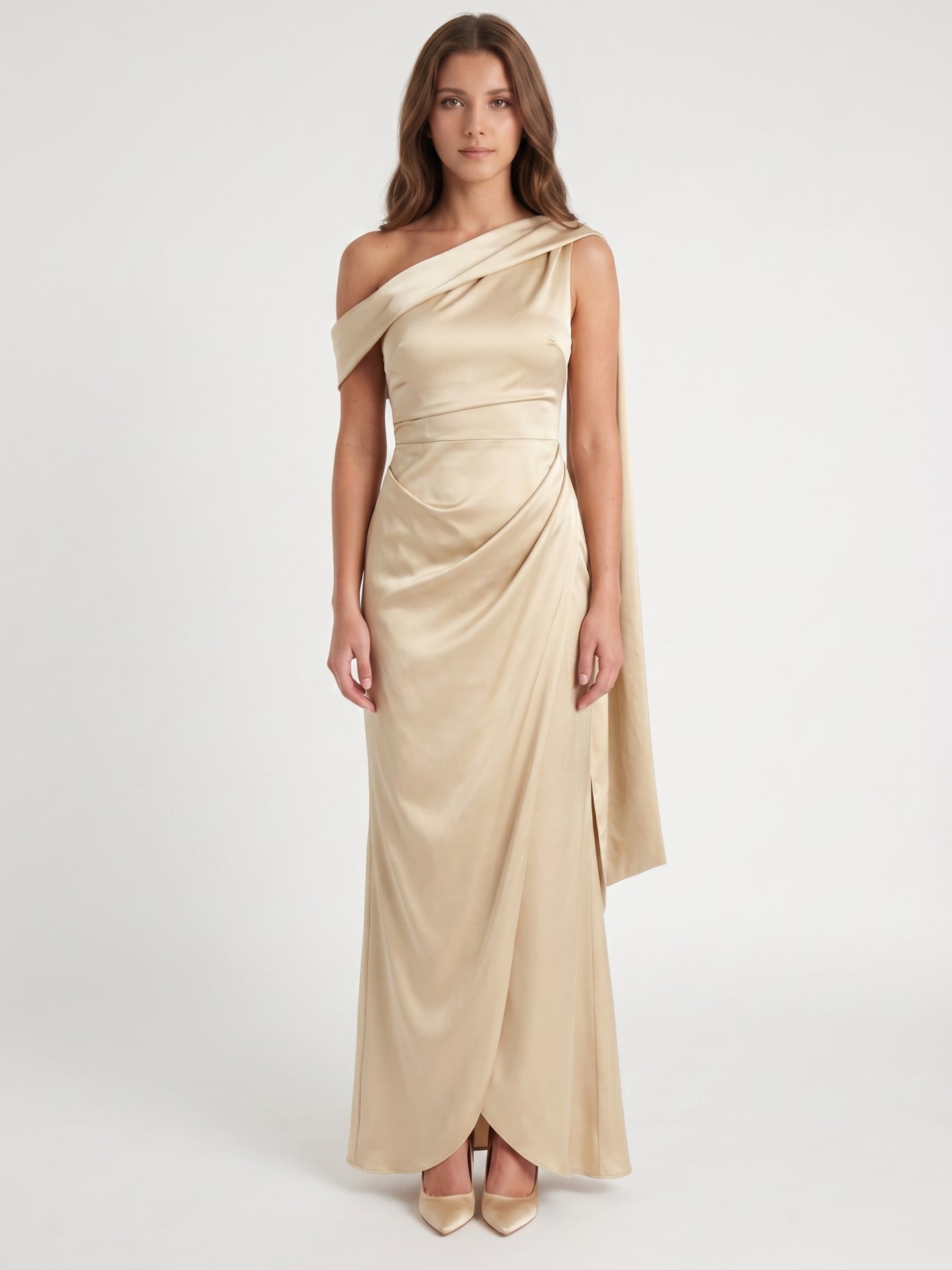 Champagne Satin A-Line One Shoulder Side Zip Floor-Length Bridesmaid Dress