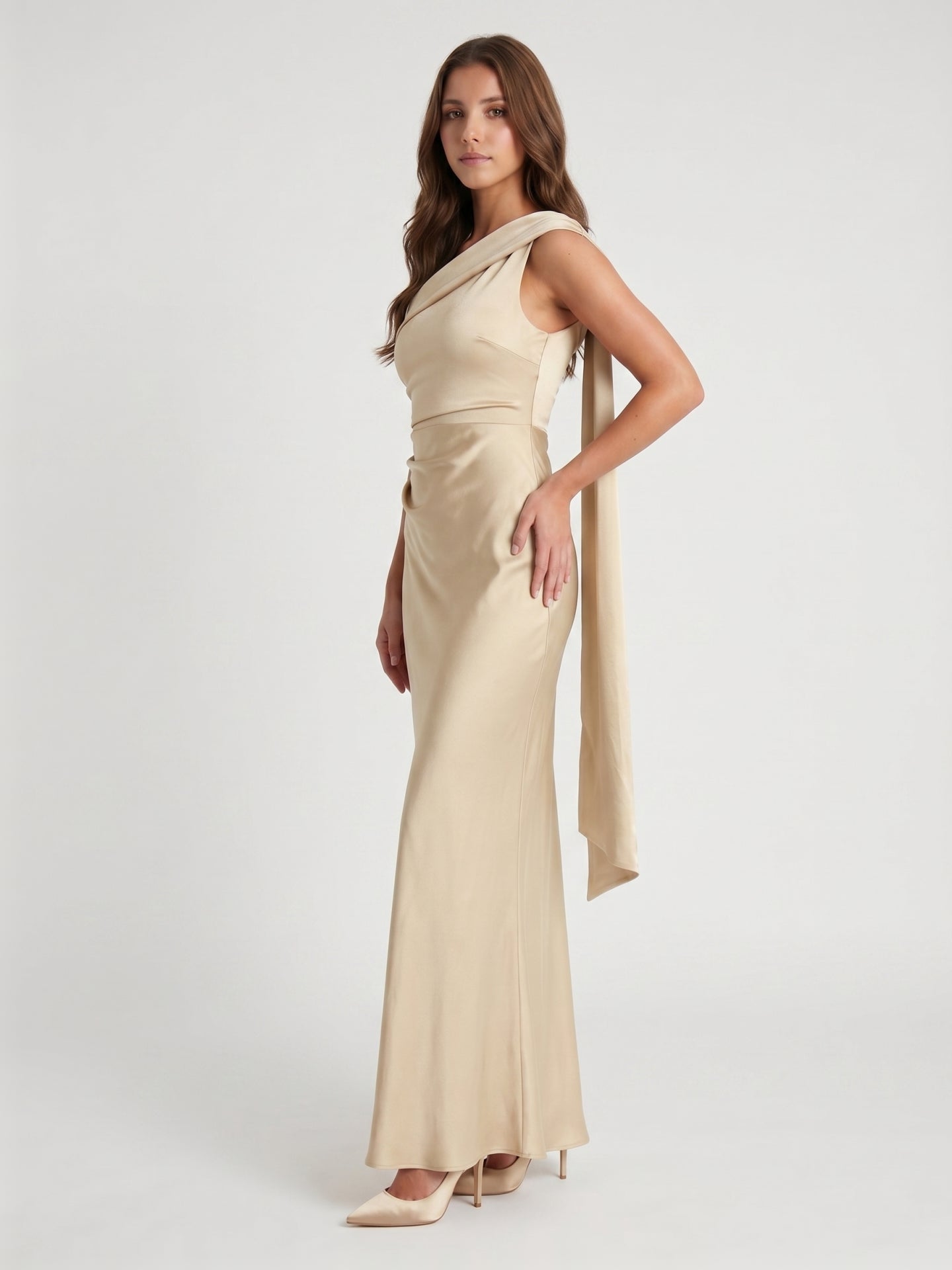 Champagne Satin A-Line One Shoulder Side Zip Floor-Length Bridesmaid Dress