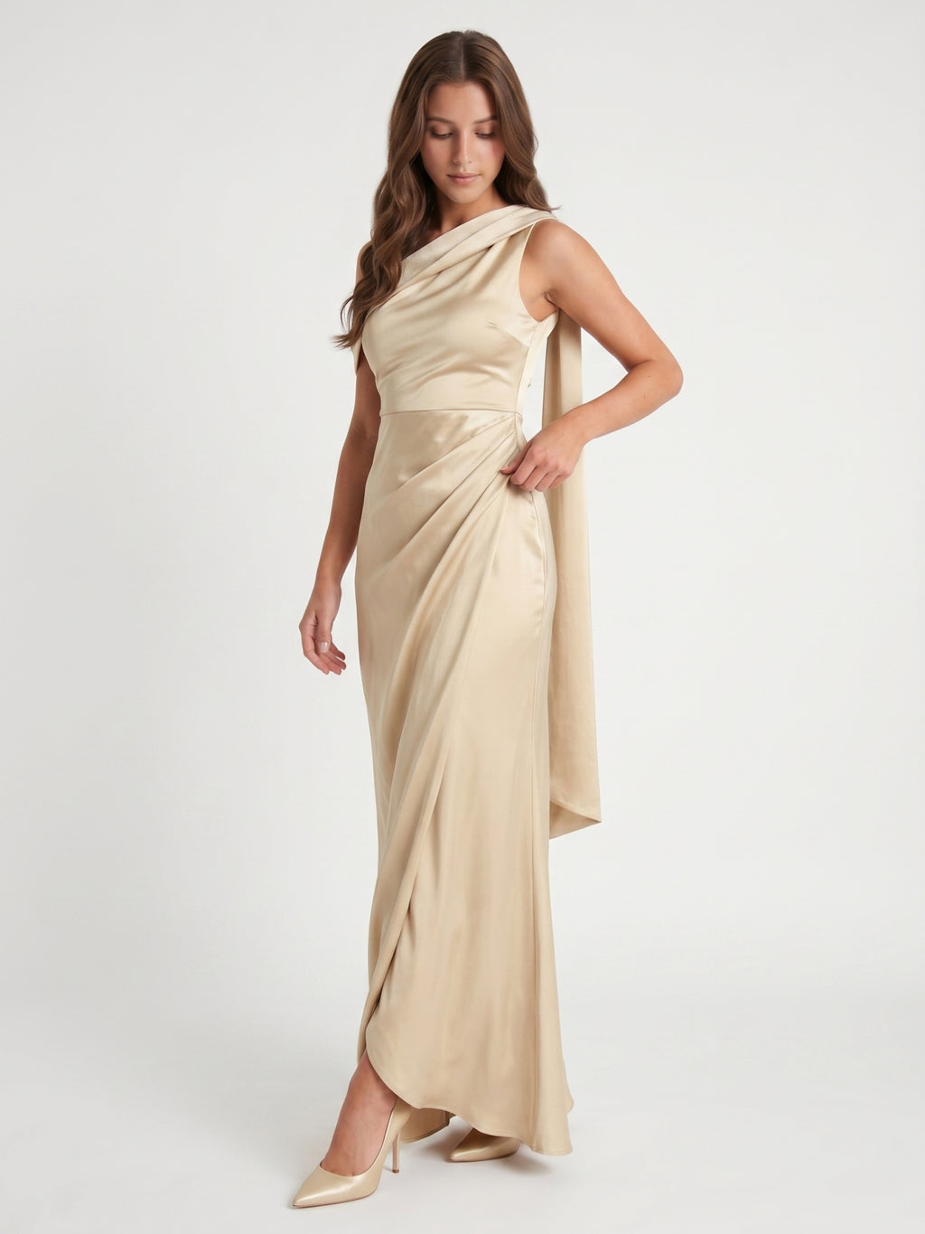 Champagne Satin A-Line One Shoulder Side Zip Floor-Length Bridesmaid Dress