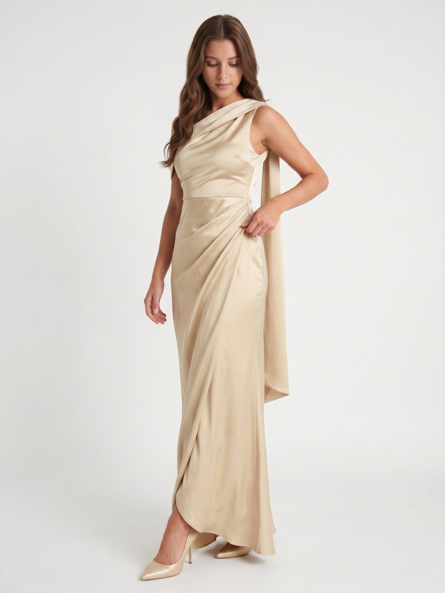 Champagne Satin A-Line One Shoulder Side Zip Floor-Length Bridesmaid Dress