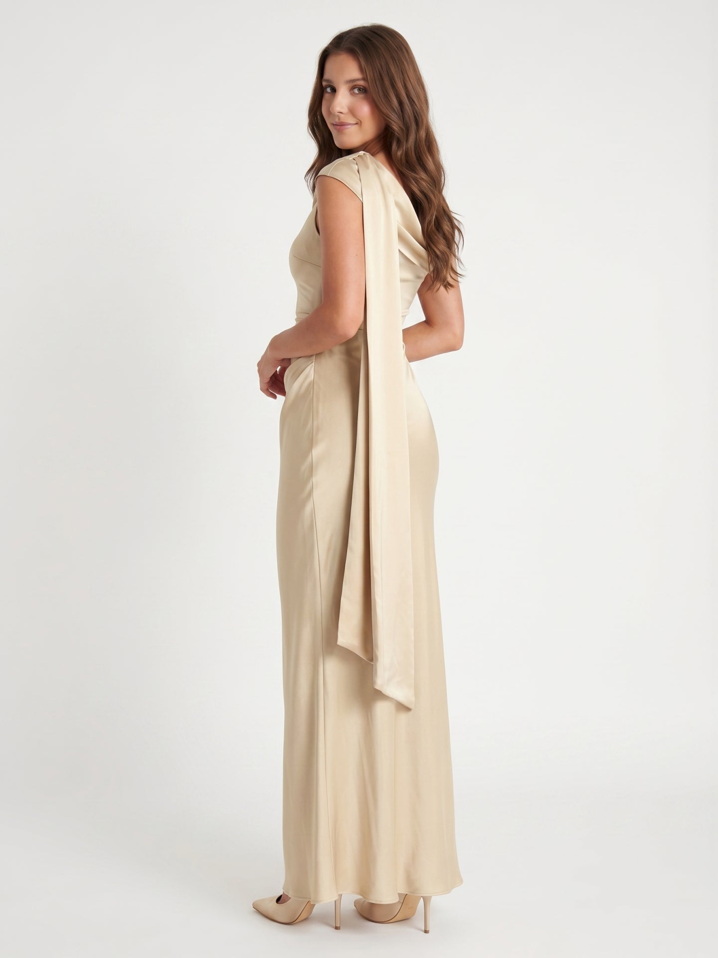 Champagne Satin A-Line One Shoulder Side Zip Floor-Length Bridesmaid Dress
