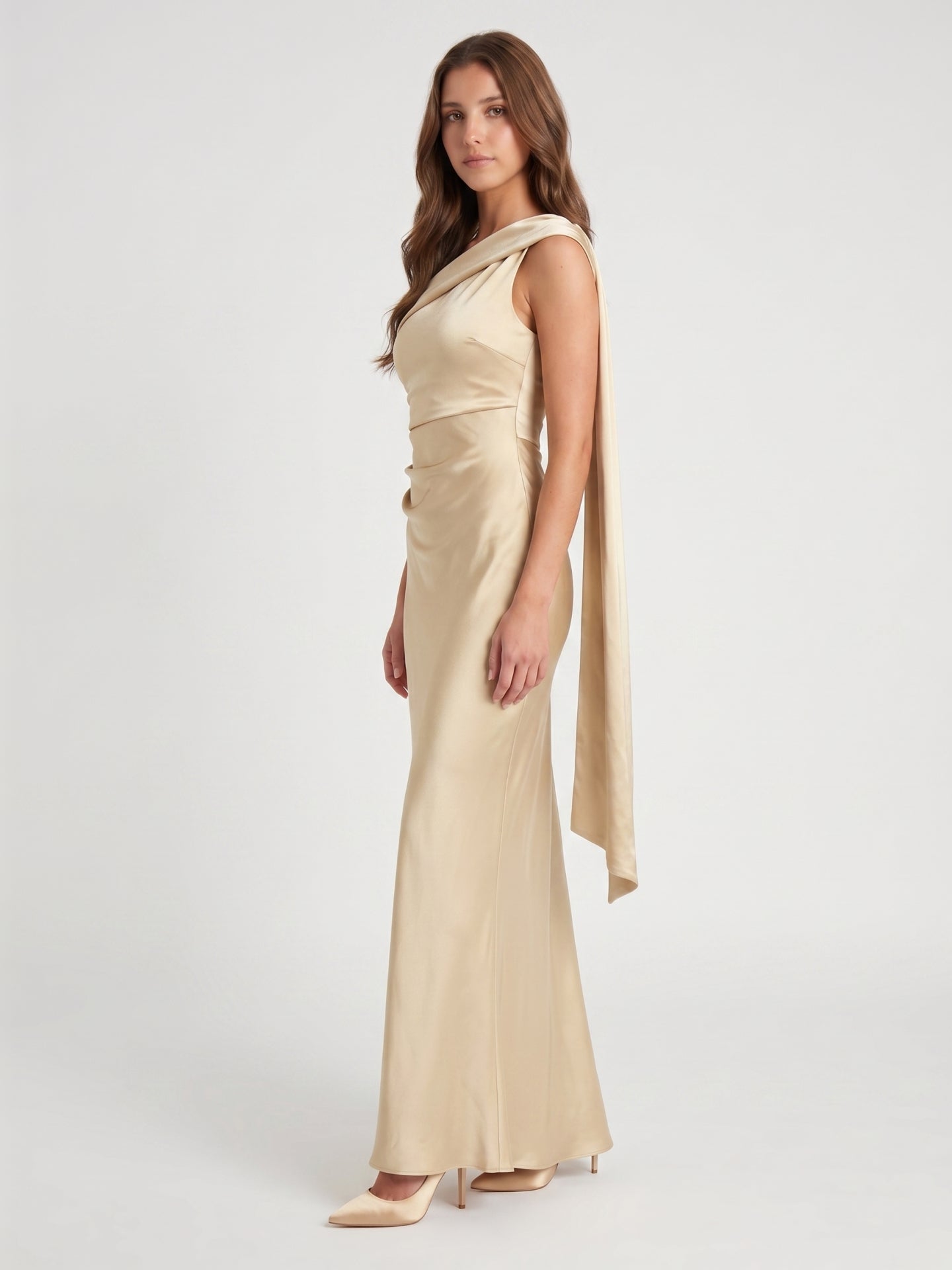 Champagne Satin A-Line One Shoulder Side Zip Floor-Length Bridesmaid Dress