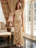 Champagne Satin A-Line One Shoulder Side Zip Floor-Length Bridesmaid Dress