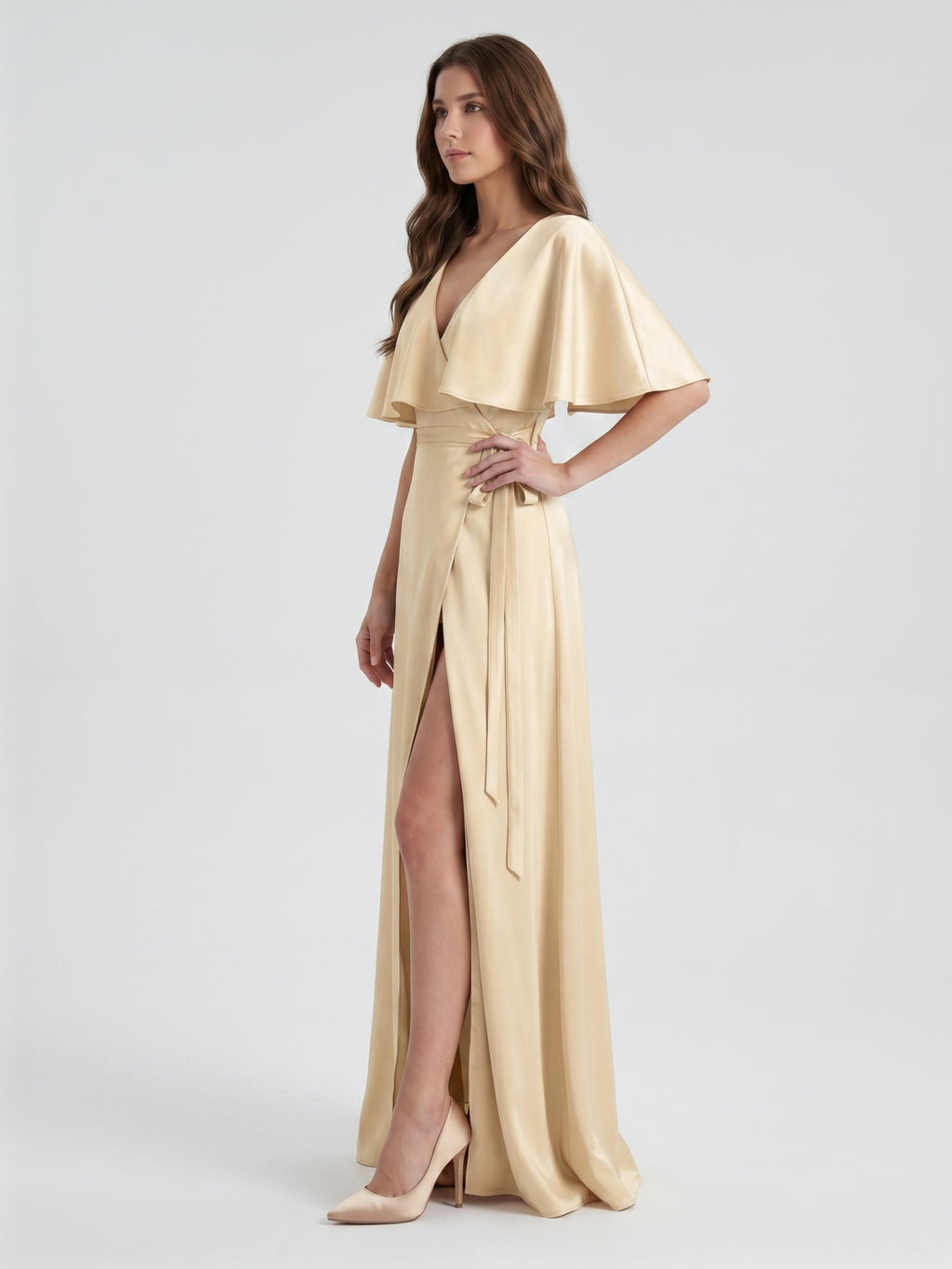 Champagne Satin A-Line V-Neck Back Zip Floor-Length Bridesmaid Dress with Cape
