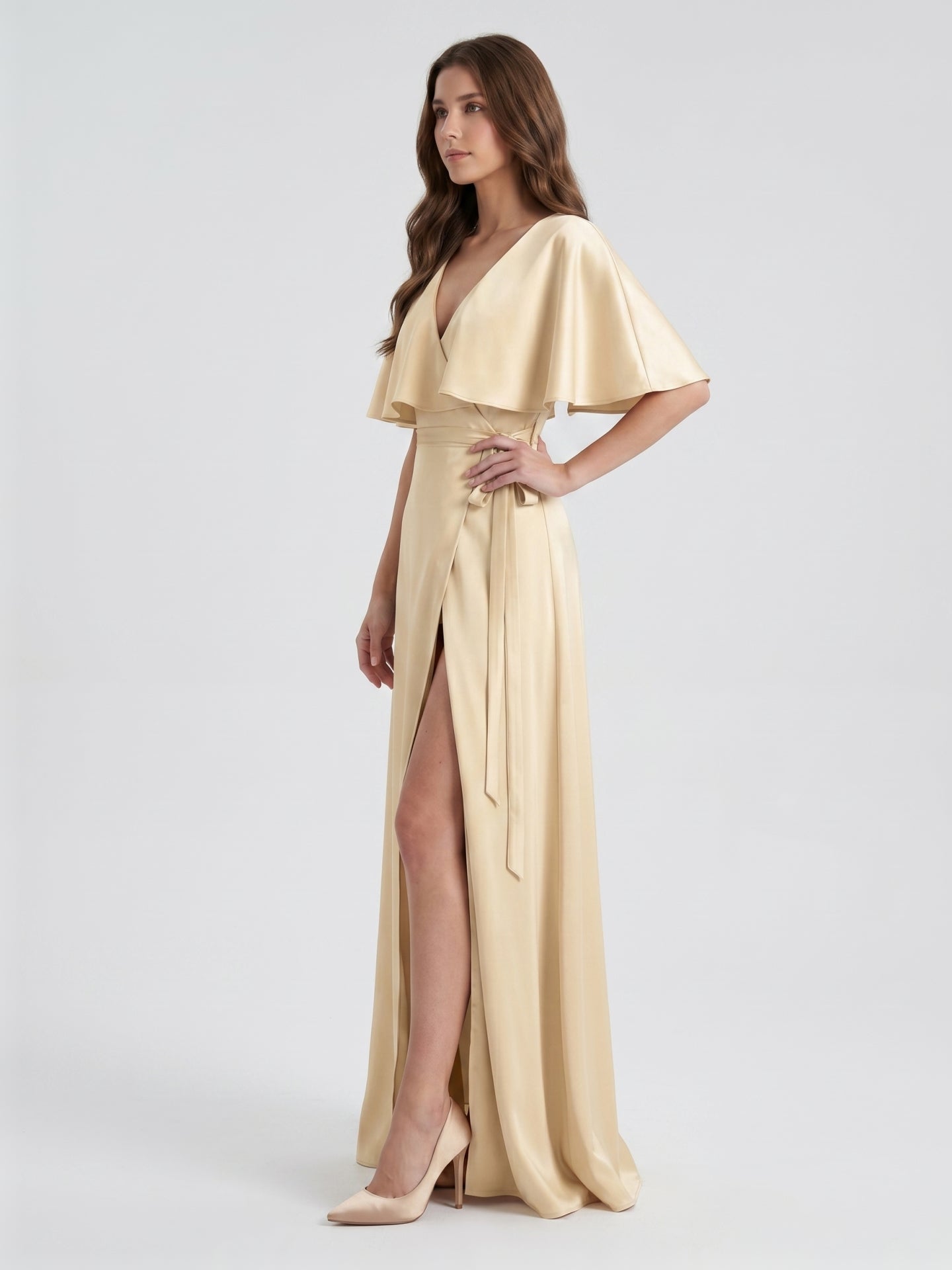 Champagne Satin A-Line V-Neck Back Zip Floor-Length Bridesmaid Dress with Cape