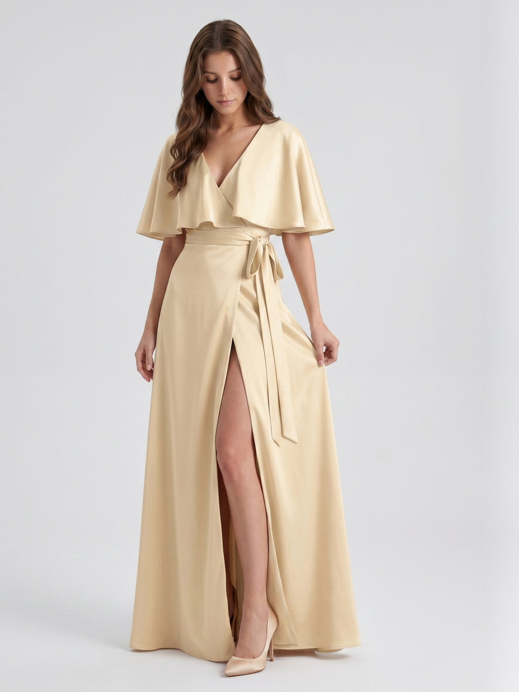 Champagne Satin A-Line V-Neck Back Zip Floor-Length Bridesmaid Dress with Cape