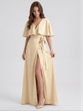 Champagne Satin A-Line V-Neck Back Zip Floor-Length Bridesmaid Dress with Cape