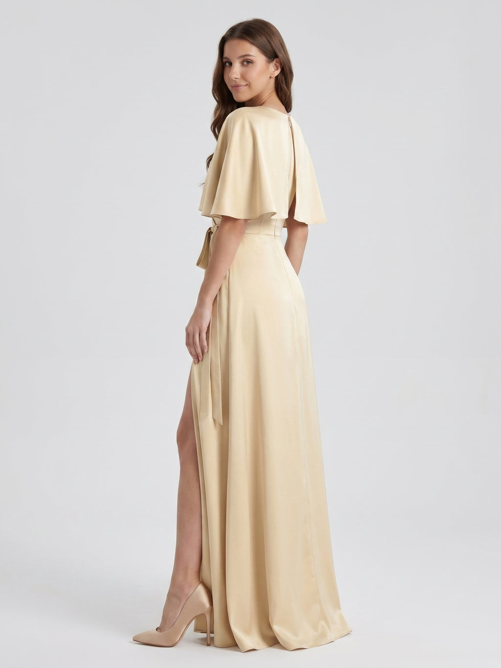 Champagne Satin A-Line V-Neck Back Zip Floor-Length Bridesmaid Dress with Cape