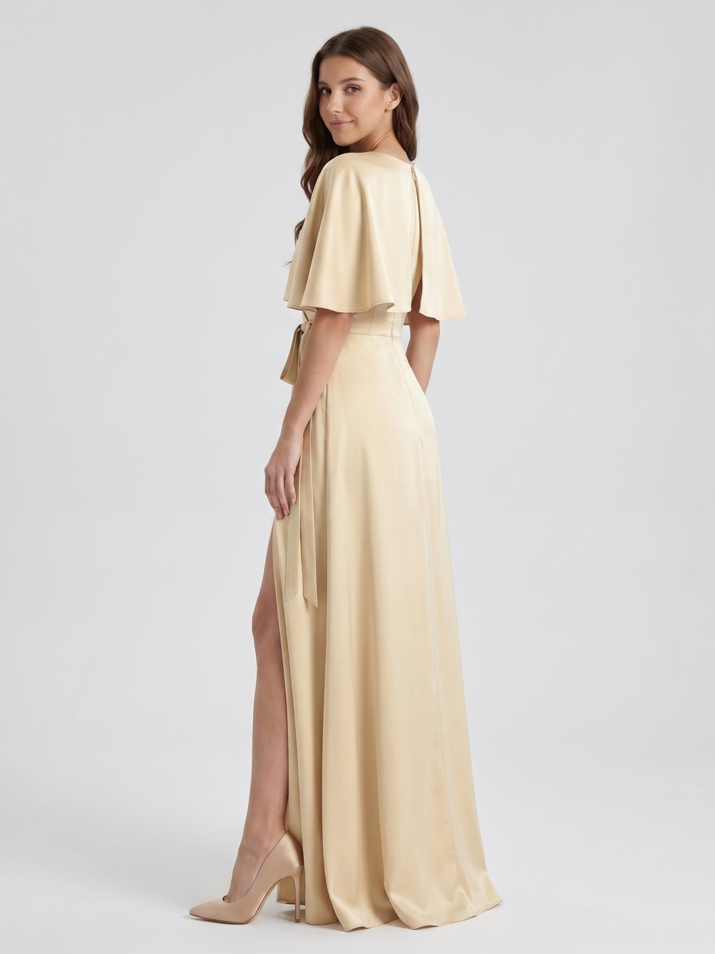 Champagne Satin A-Line V-Neck Back Zip Floor-Length Bridesmaid Dress with Cape
