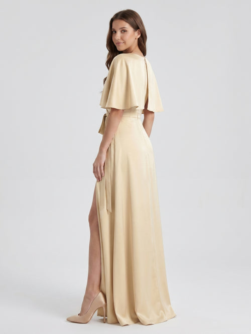 Champagne Satin A-Line V-Neck Back Zip Floor-Length Bridesmaid Dress with Cape
