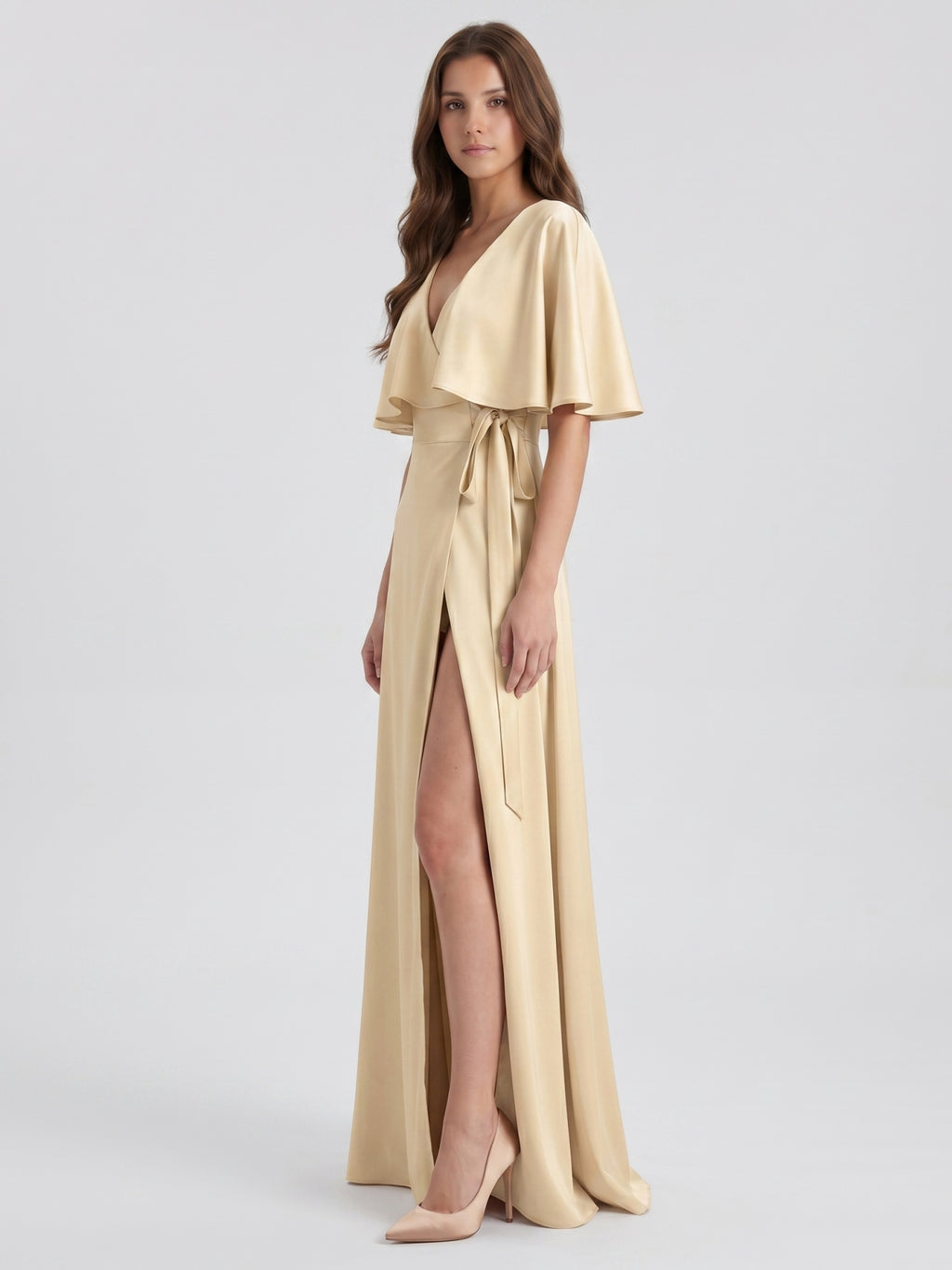 Champagne Satin A-Line V-Neck Back Zip Floor-Length Bridesmaid Dress with Cape