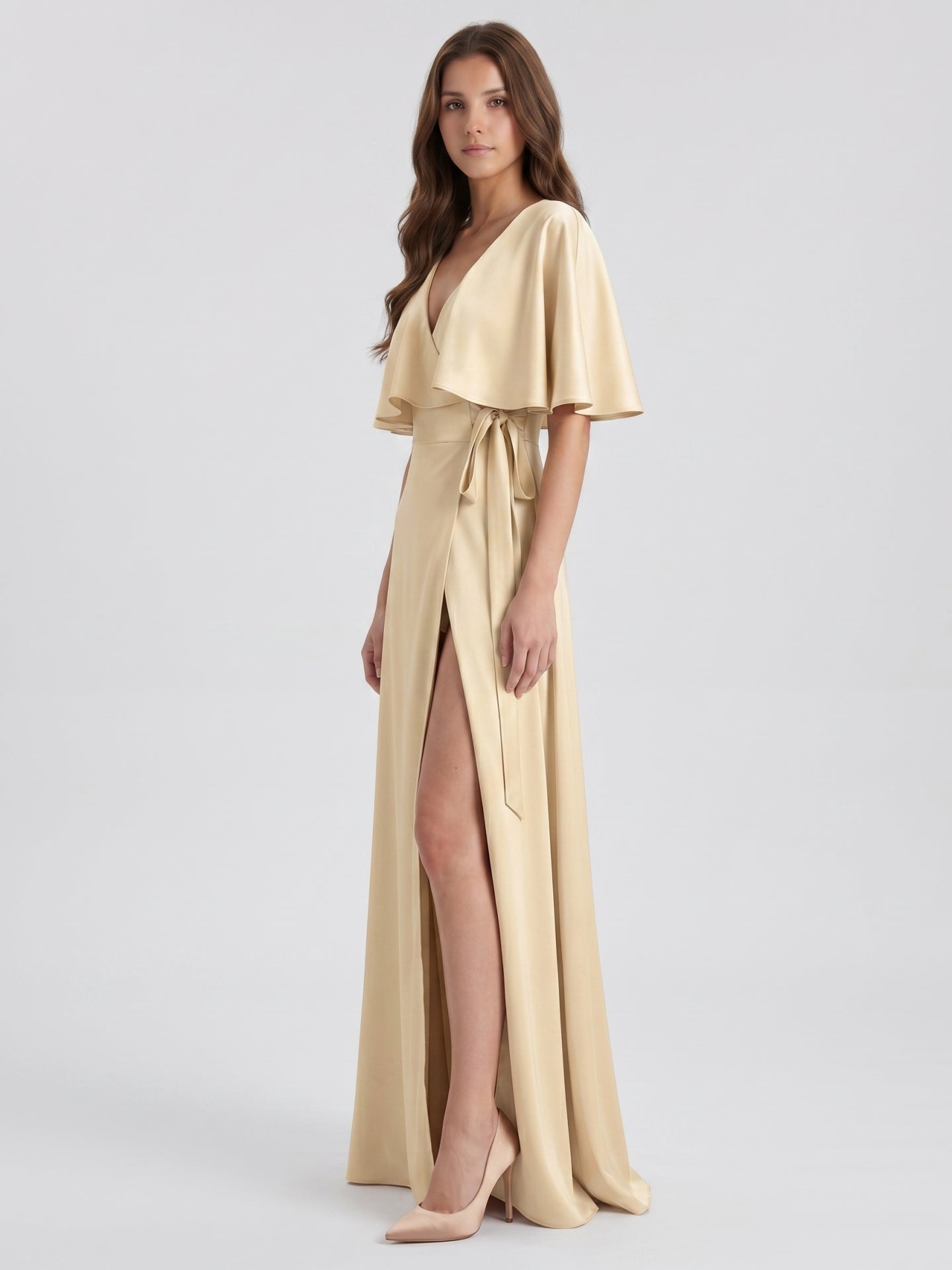 Champagne Satin A-Line V-Neck Back Zip Floor-Length Bridesmaid Dress with Cape