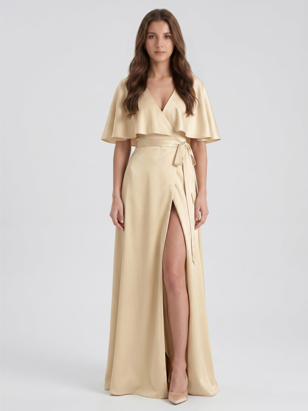 Champagne Satin A-Line V-Neck Back Zip Floor-Length Bridesmaid Dress with Cape