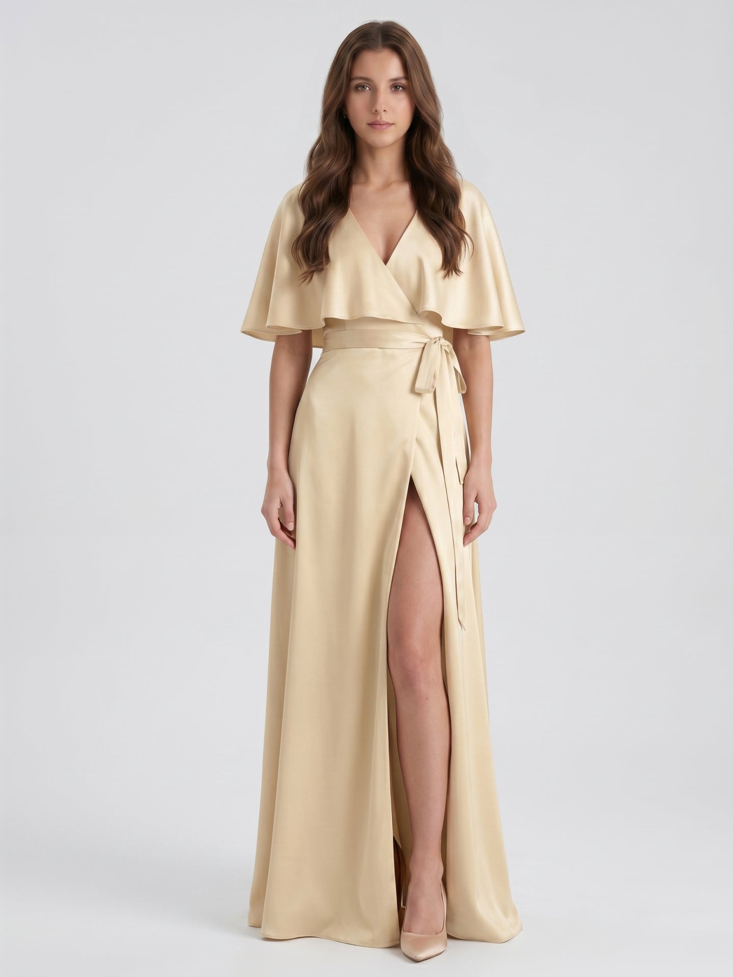 Champagne Satin A-Line V-Neck Back Zip Floor-Length Bridesmaid Dress with Cape