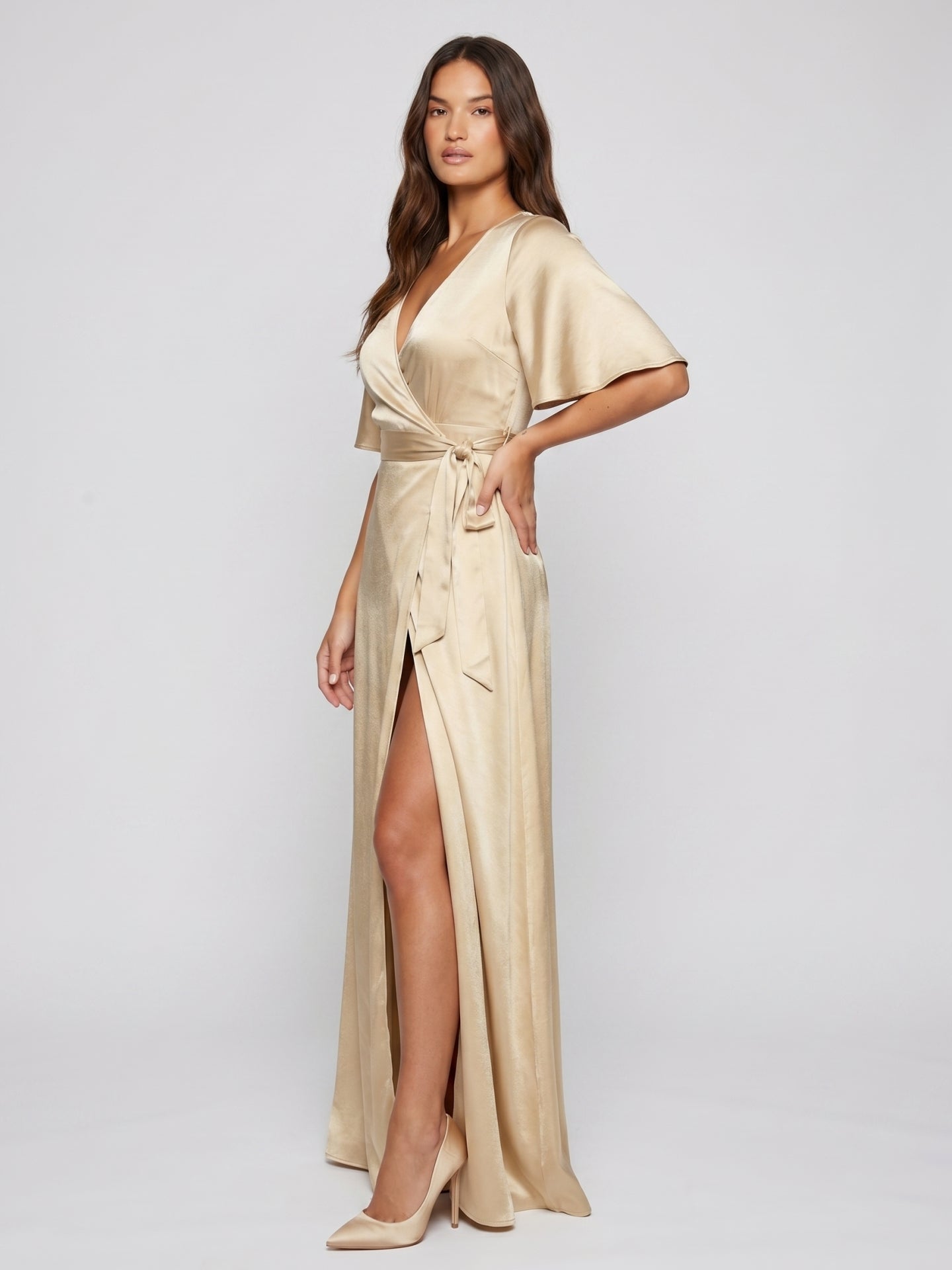 Champagne Satin A-Line V-Neck Lace-up Floor-Length Bridesmaid Dress