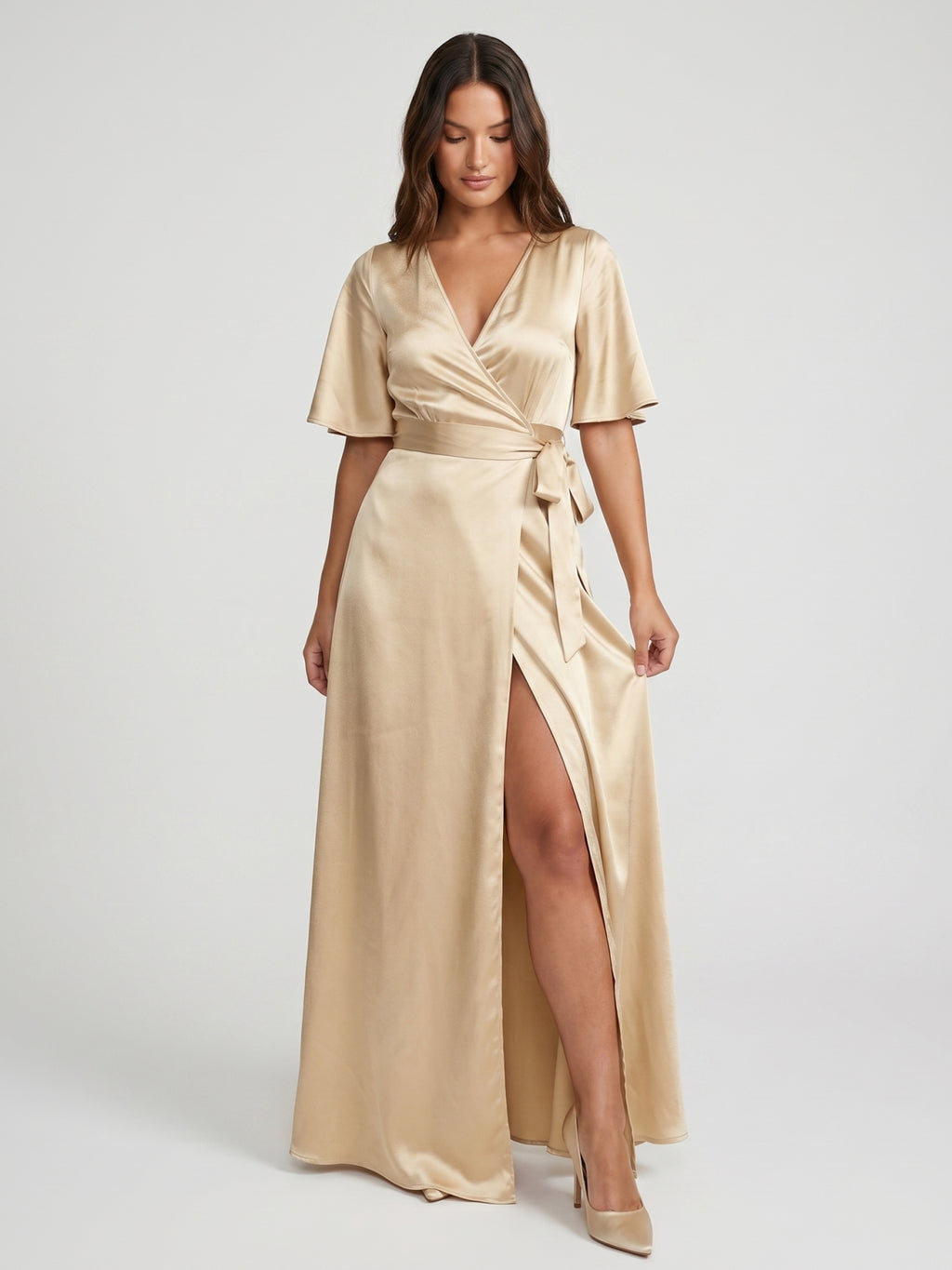 Champagne Satin A-Line V-Neck Lace-up Floor-Length Bridesmaid Dress