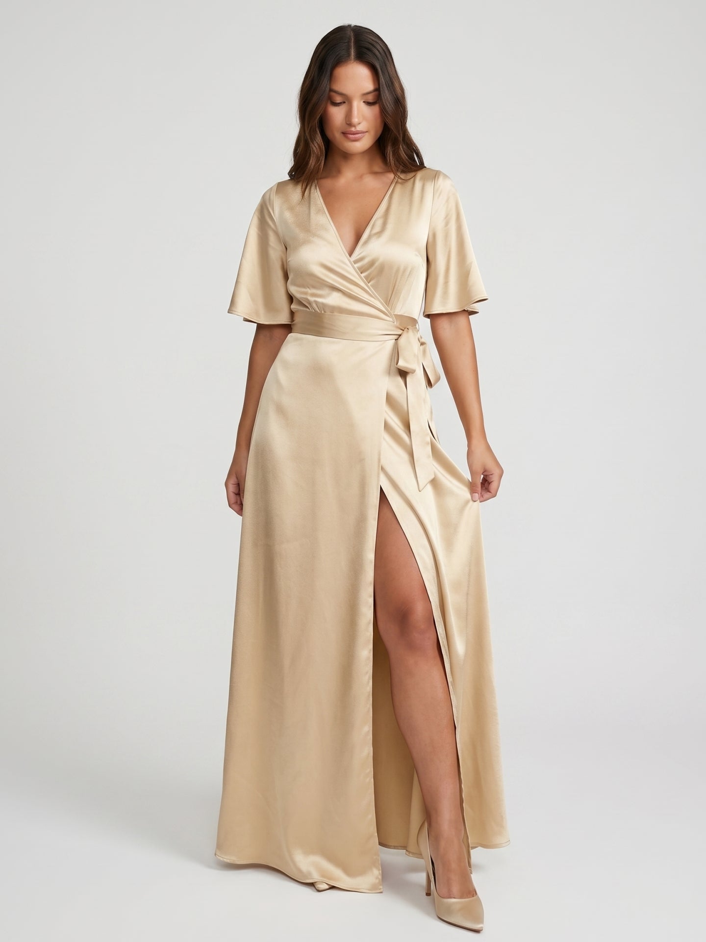 Champagne Satin A-Line V-Neck Lace-up Floor-Length Bridesmaid Dress