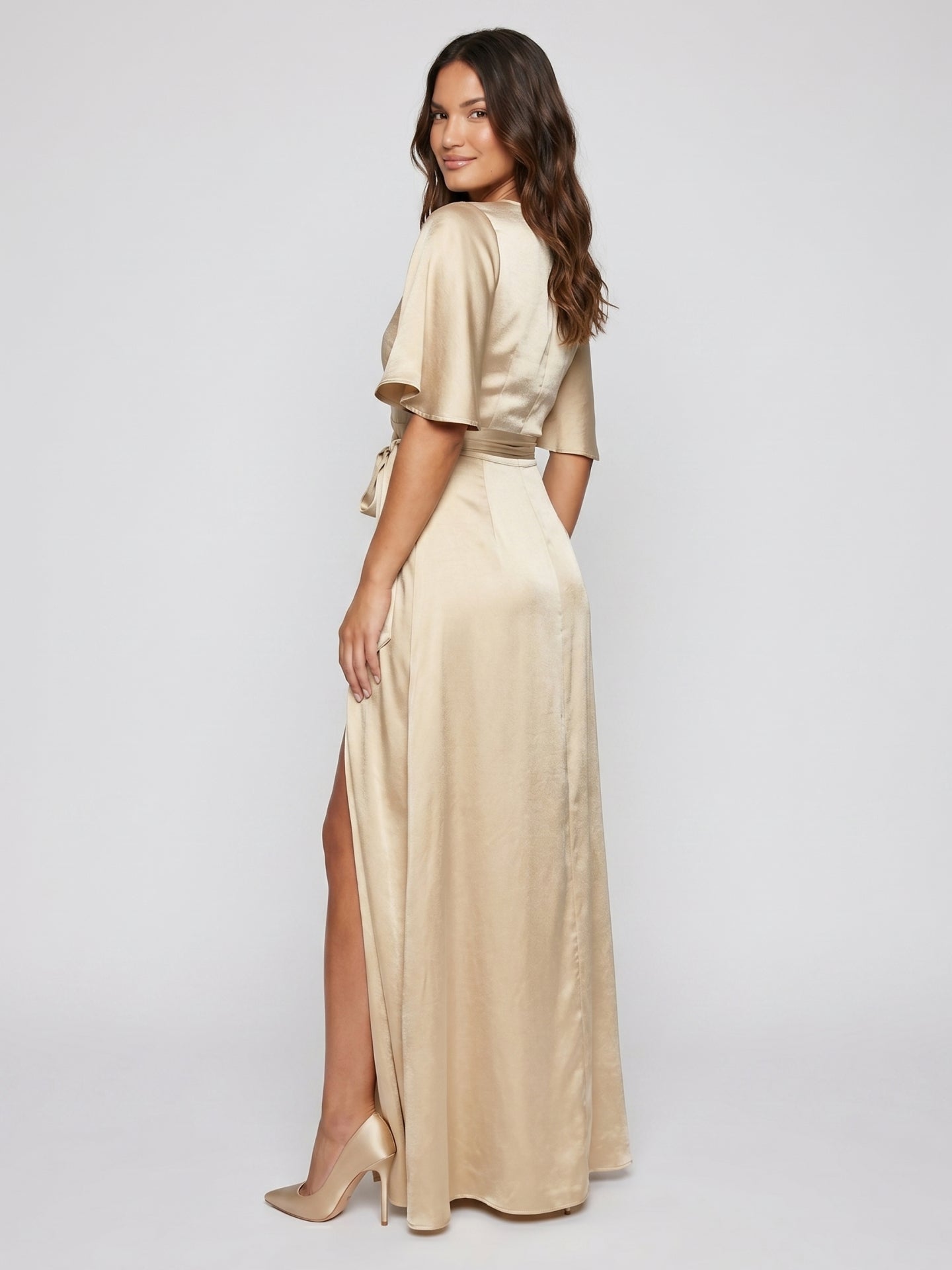 Champagne Satin A-Line V-Neck Lace-up Floor-Length Bridesmaid Dress