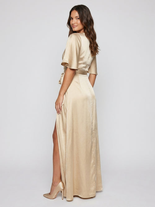 Champagne Satin A-Line V-Neck Lace-up Floor-Length Bridesmaid Dress
