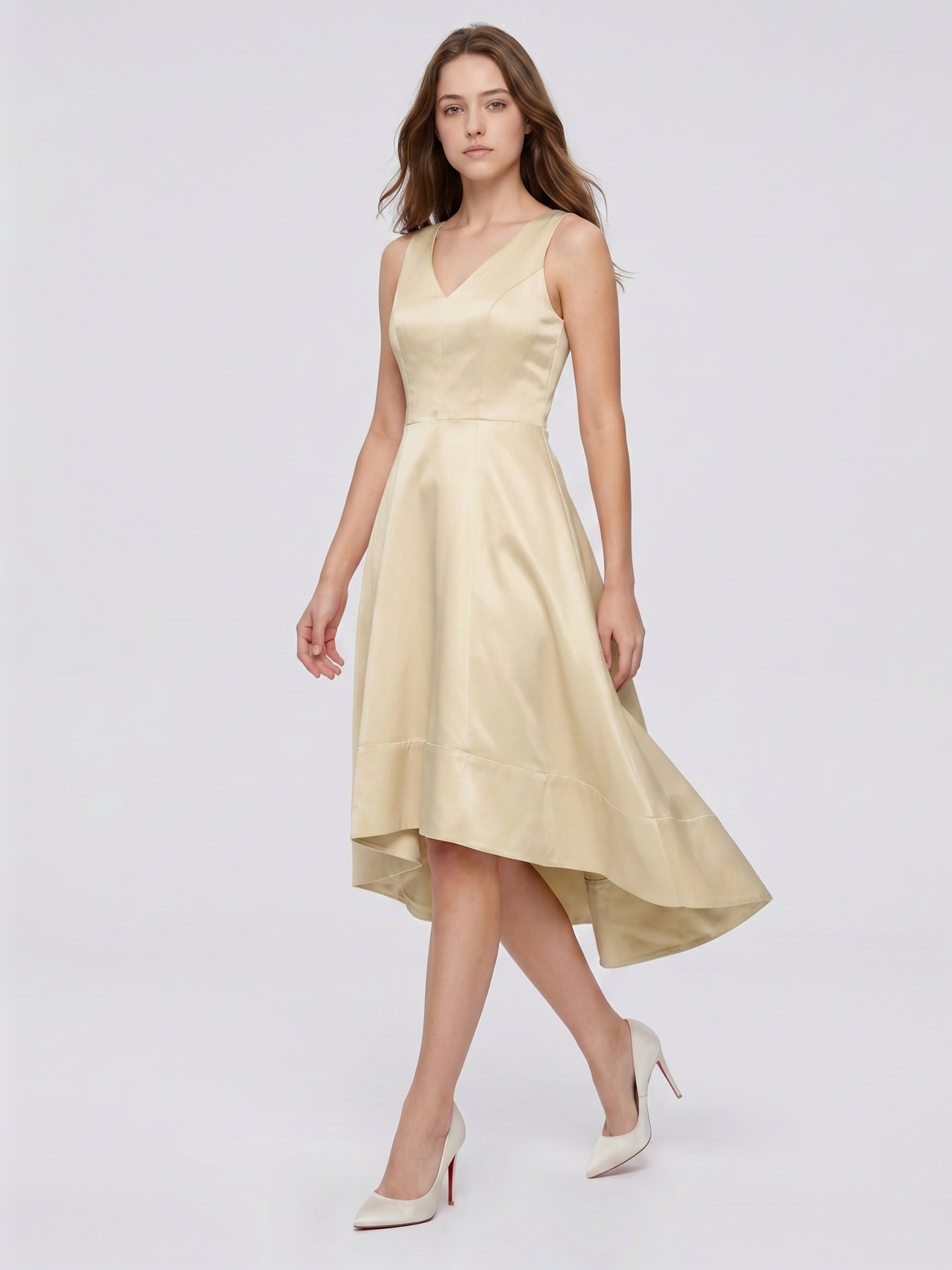 Champagne Satin A-Line V-Neck V-Back Asymmetrical Bridesmaid Dress