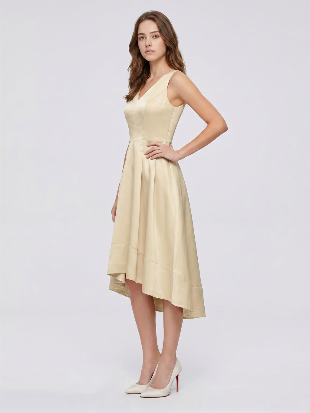 Champagne Satin A-Line V-Neck V-Back Asymmetrical Bridesmaid Dress