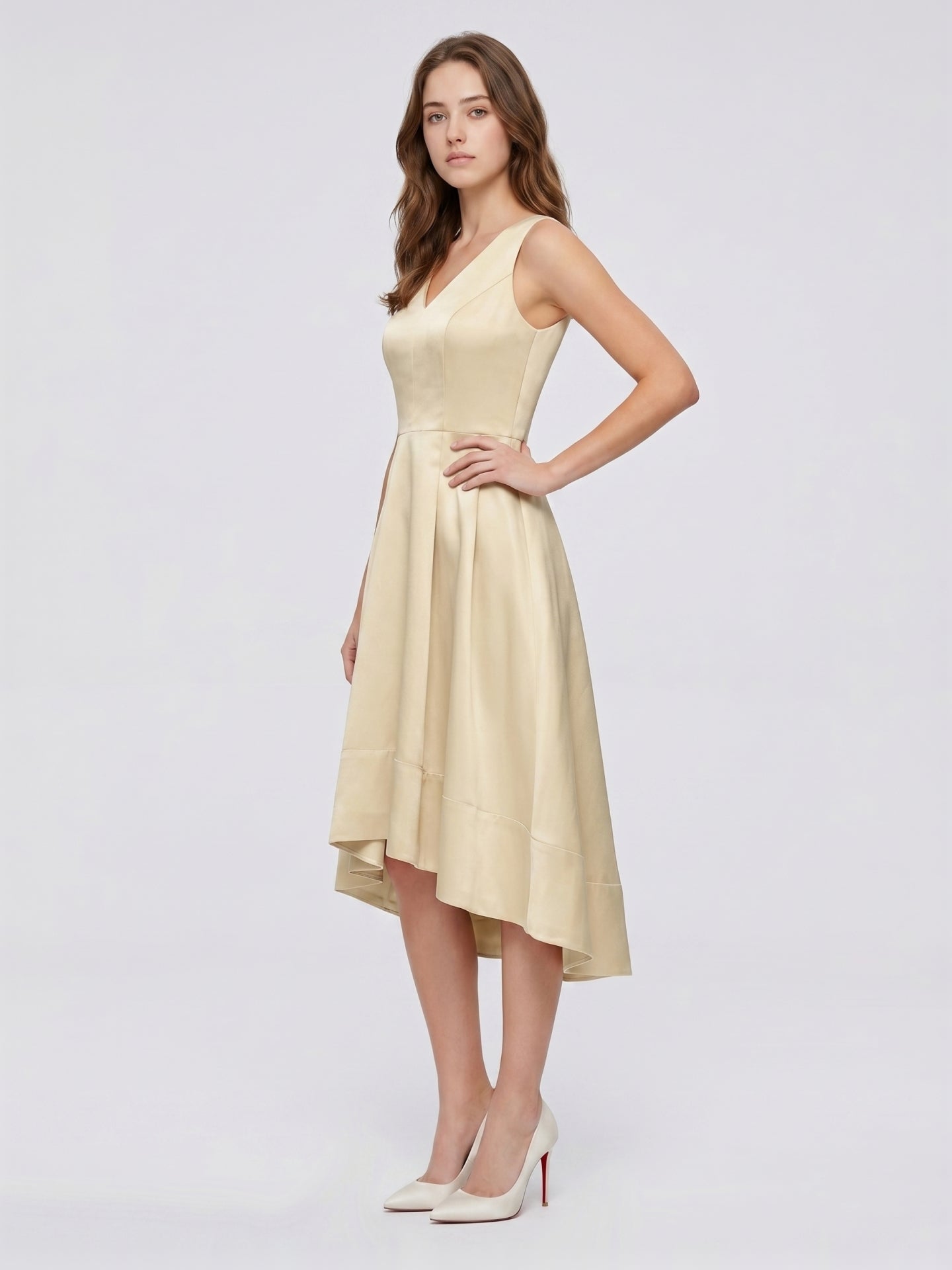 Champagne Satin A-Line V-Neck V-Back Asymmetrical Bridesmaid Dress