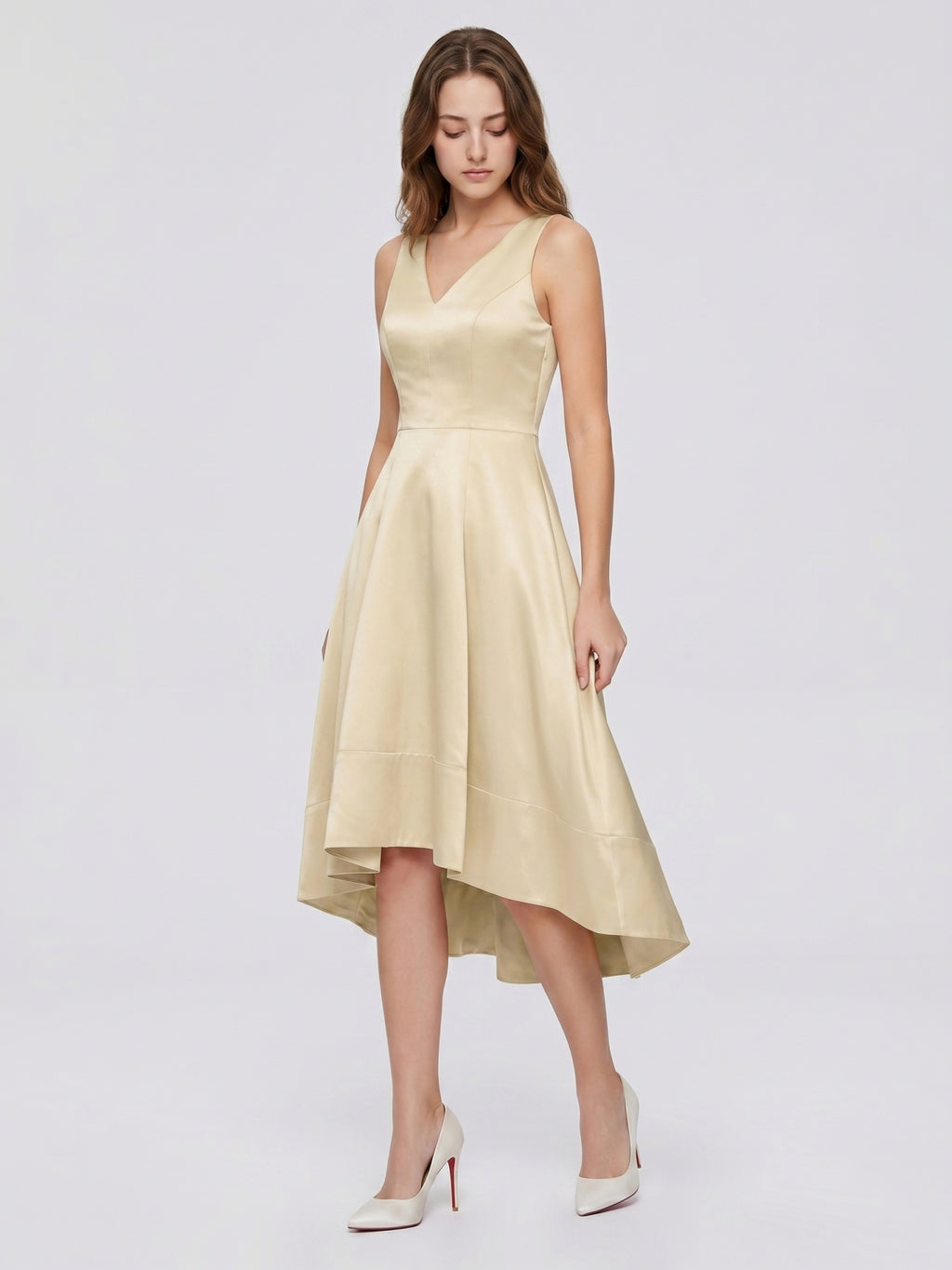 Champagne Satin A-Line V-Neck V-Back Asymmetrical Bridesmaid Dress