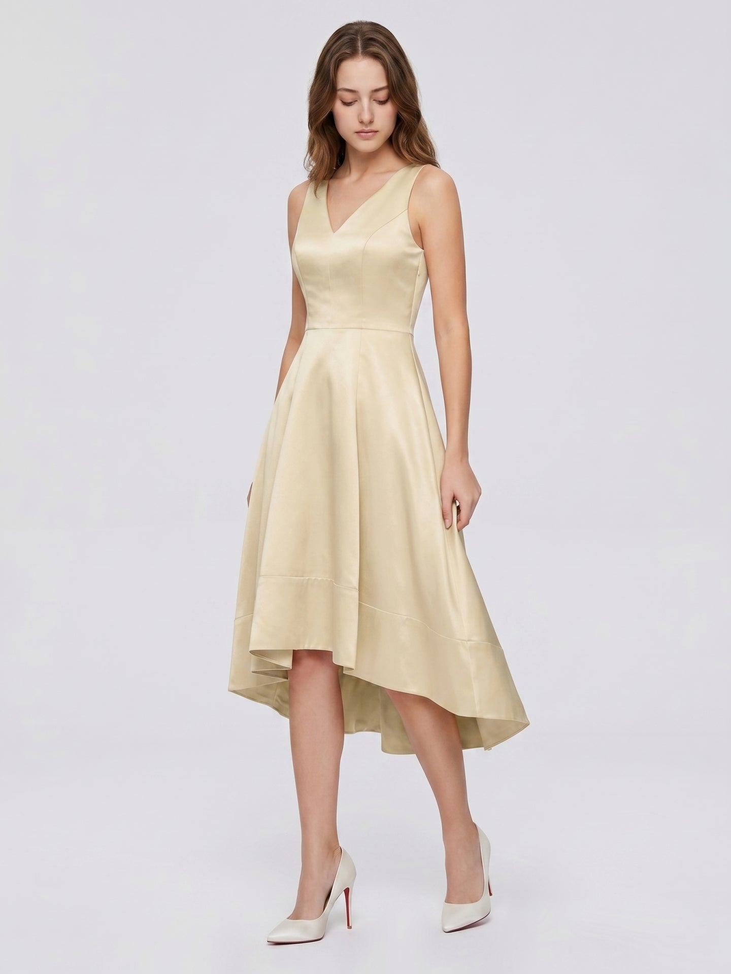 Champagne Satin A-Line V-Neck V-Back Asymmetrical Bridesmaid Dress