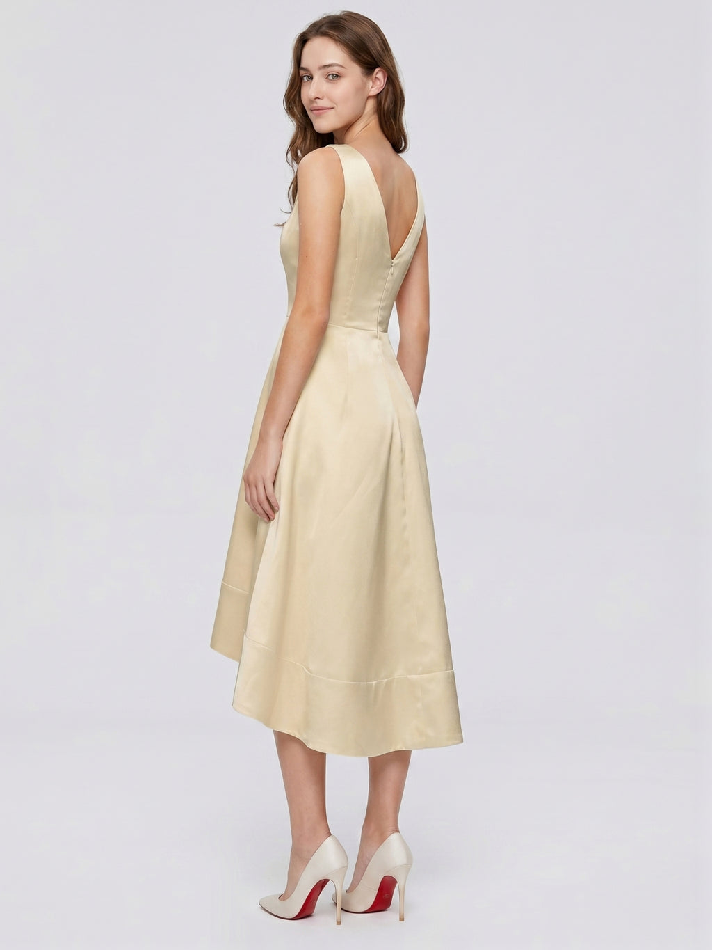 Champagne Satin A-Line V-Neck V-Back Asymmetrical Bridesmaid Dress