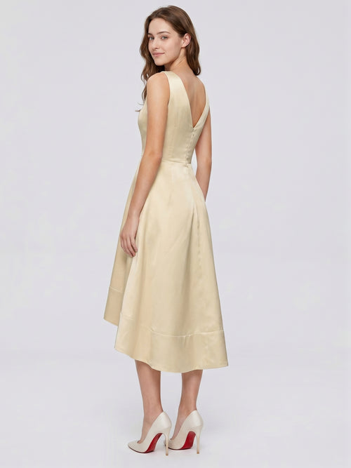 Champagne Satin A-Line V-Neck V-Back Asymmetrical Bridesmaid Dress