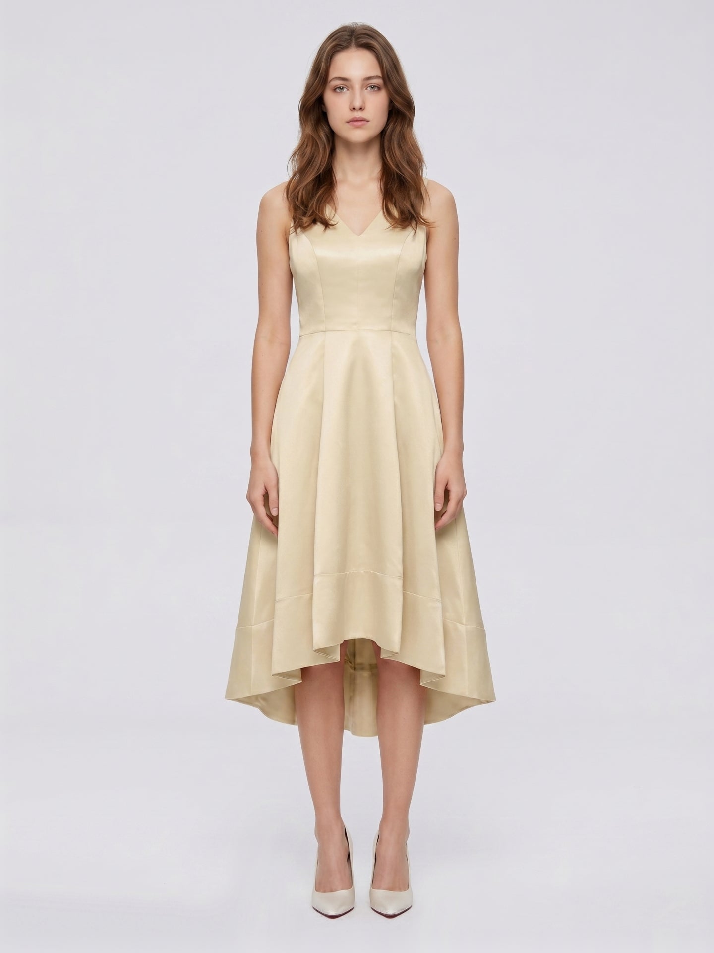 Champagne Satin A-Line V-Neck V-Back Asymmetrical Bridesmaid Dress