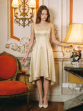 Champagne Satin A-Line V-Neck V-Back Asymmetrical Bridesmaid Dress