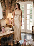 Champagne Satin Column Scoop Neck Backless Floor-Length Bridesmaid Dress with Pleats