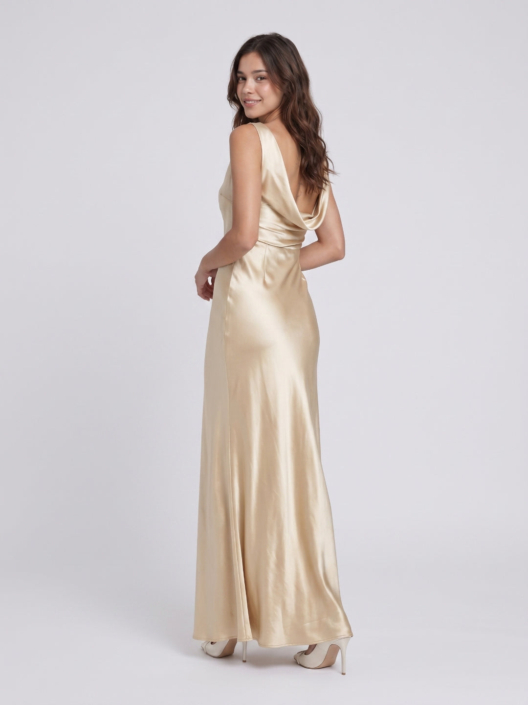 Champagne Satin Column Scoop Neck Backless Floor-Length Bridesmaid Dress with Pleats
