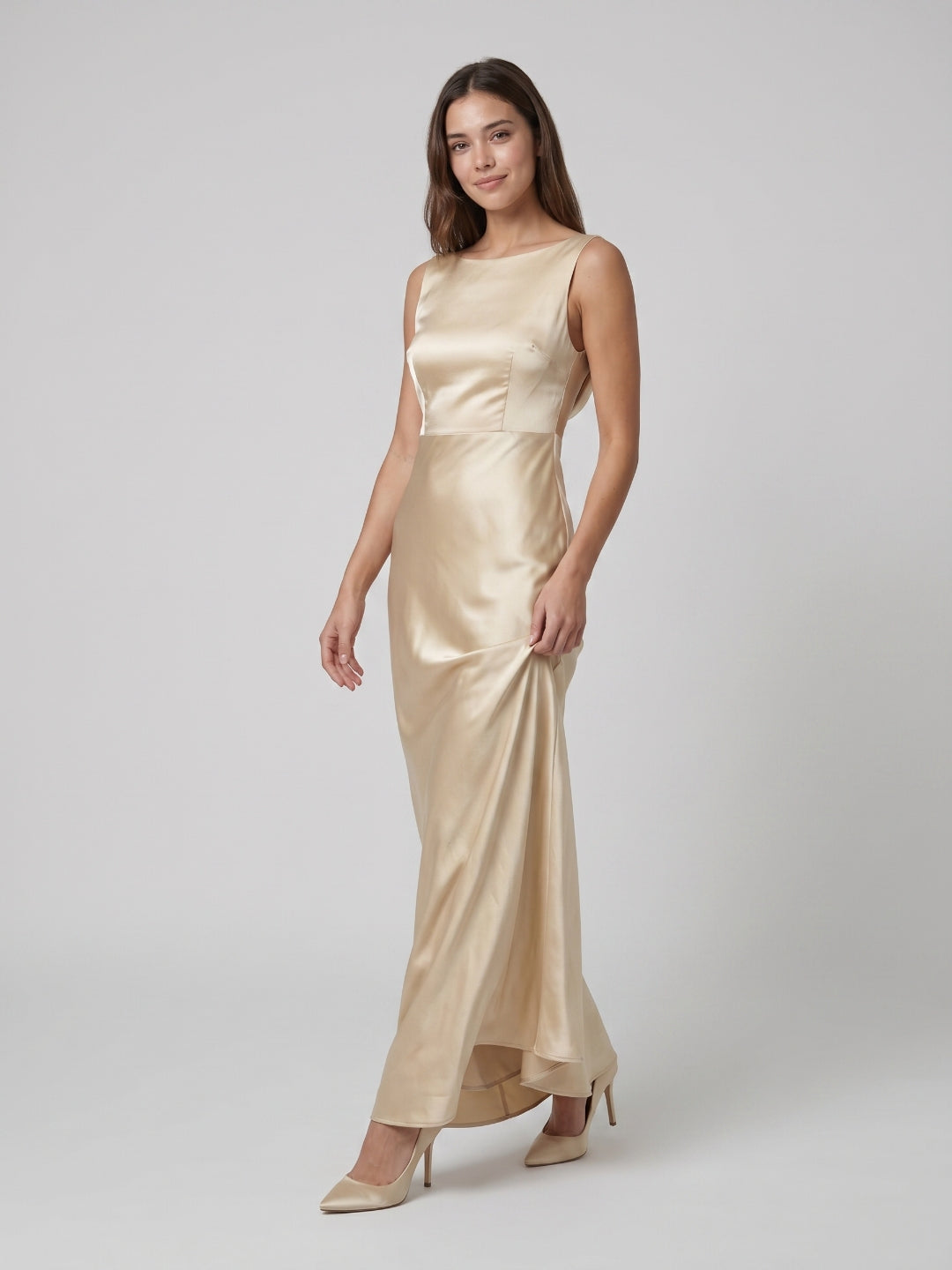 Champagne Satin Column Scoop Neck Backless Floor-Length Bridesmaid Dress with Pleats