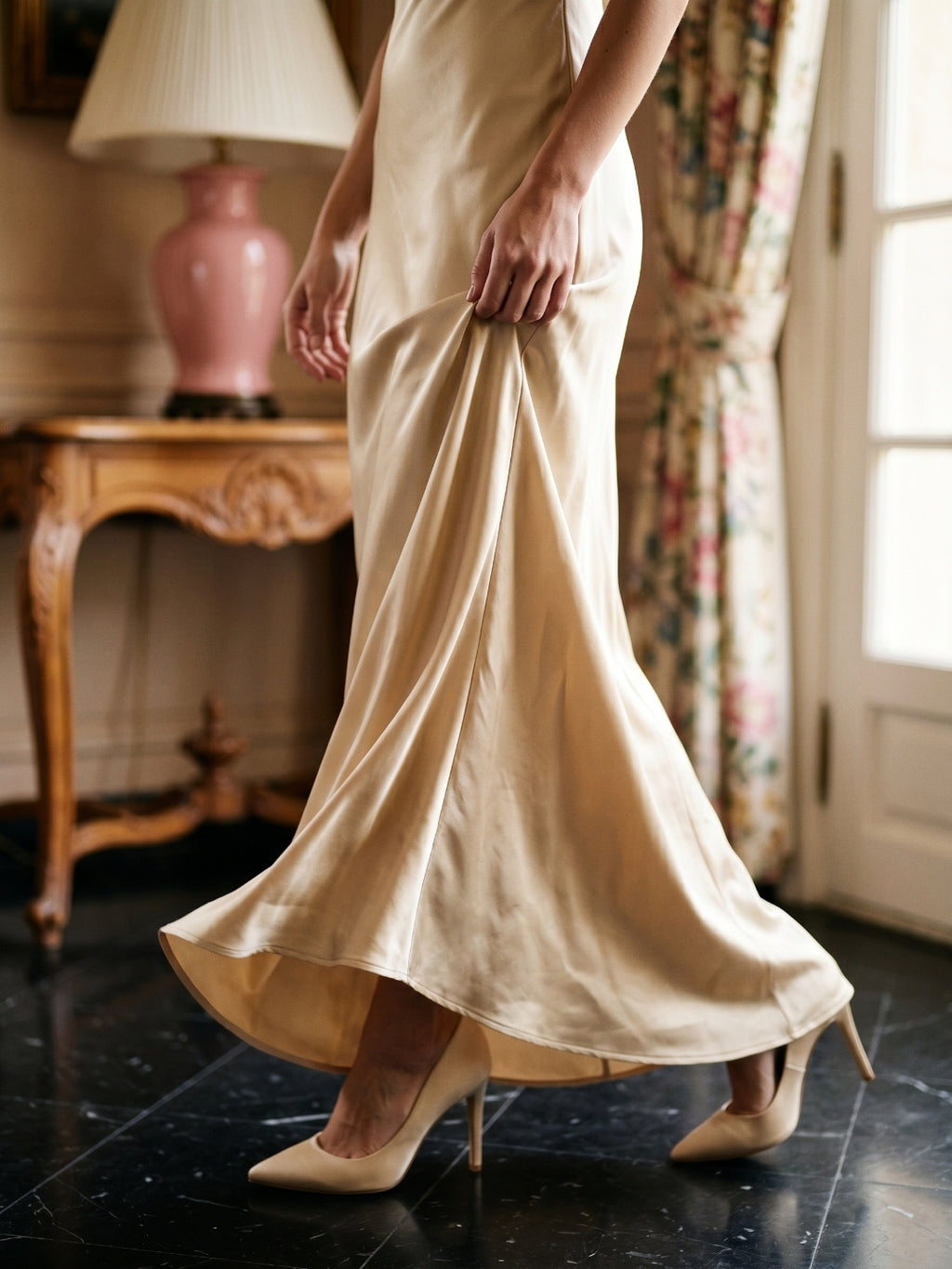 Champagne Satin Column Scoop Neck Backless Floor-Length Bridesmaid Dress with Pleats