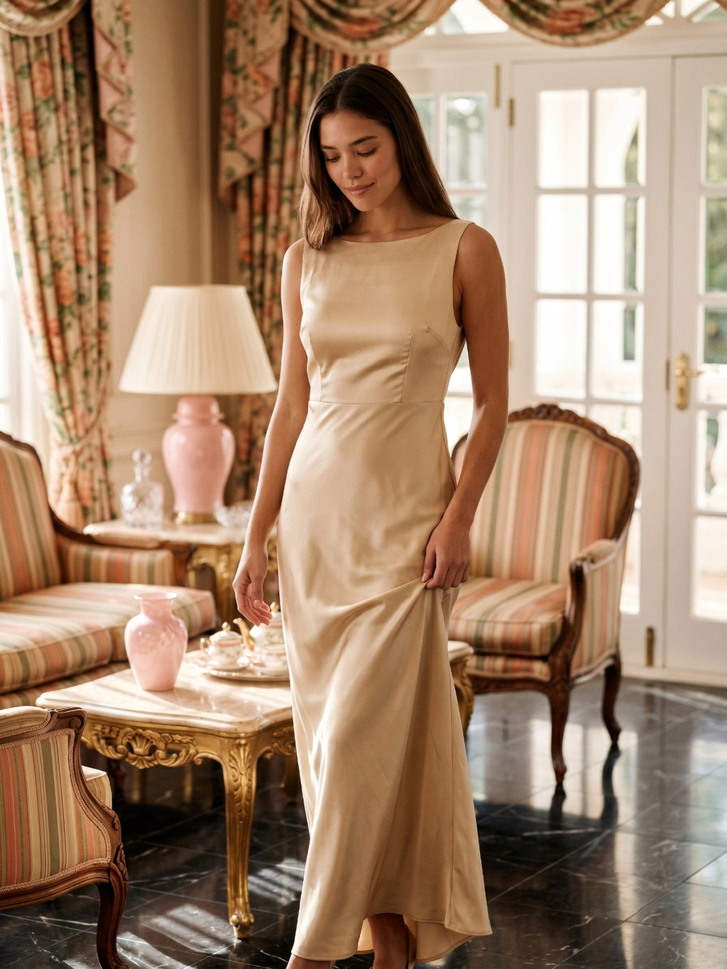 Champagne Satin Column Scoop Neck Backless Floor-Length Bridesmaid Dress with Pleats